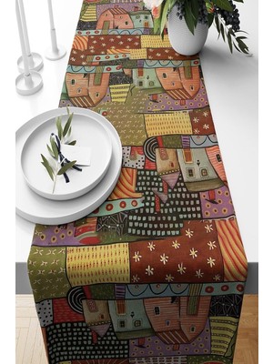 Kazan Hobi Pelangi Yaz Evi Desenli Patchwork Leke Tutmaz Kumaş Salon Mutfak Masa Değişik Ranır Modelleri Runner, Kiremit 40 x 140