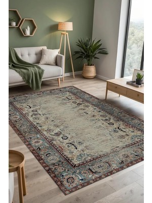 Kazan Hobi Laloven Vintage Desenli Şönil Pamuk Tabanlı Yıkanabilir Kaymaz Antibakteriyel Salon Halısı 140X200