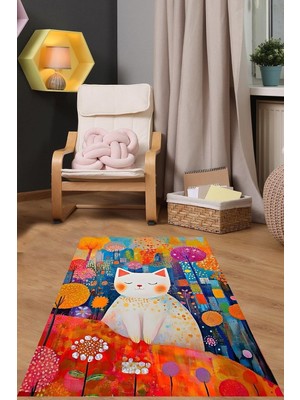 Kazan Hobi Pelangi Minimalist Sanat Sevimli Kedi Yıkanabilir Kaymaz Taban Leke Tutmaz Çocuk Odası Halısı, Turuncu 80 x 250