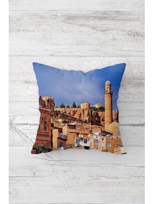 Kazan Hobi Pelangi Manzara Cami Desenli Çift Tarafı Baskılı Gizli Fermuarlı Yastık Kılıfı Kırlent Koltuk Yastık Kılıfı, Mavi-Kiremit 45 x 45, 24691206745451