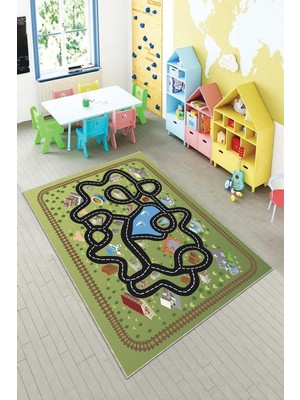 Kazan Hobi Pelangi Yeşil Araba Yollu Yıkanabilir Kaymaz Taban Leke Tutmaz Bebek ve Çocuk Odası Halısı, Koyu Yeşil-Siyah 100 x 150, 901357019100150