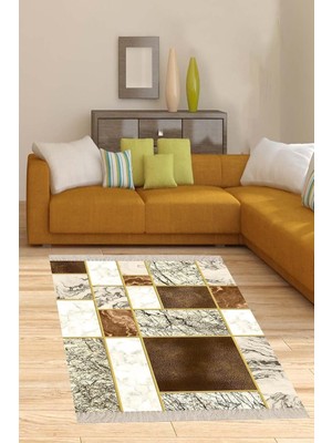 Kazan Hobi Pelangi Mermer Desenli Gold Şeritli Dijital Baskı Yıkanabilir Kaymaz Taban Kilim Model Salon Halısı, Kahverengi 120 x 120