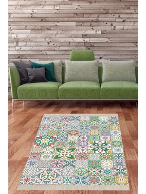 Kazan Hobi Pelangi Çini Karo Desenli Halı Dijital Baskı Yıkanabilir Kaymaz Taban Leke Tutmaz Modern Salon Halısı, Yeşil-Mavi 100 x 150