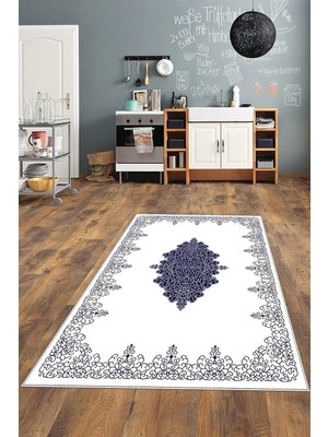 Kazan Hobi Pelangi Beyaz Desenli Mor Işleme Yıkanabilir Kaymaz Taban Leke Tutmaz Modern Salon Halısı ve Yolluk, Lacivert-Beyaz 100 x 300