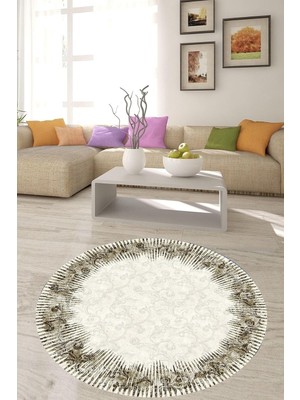 Kazan Hobi Pelangi Osmanlı Işleme Desenli Dijital Baskı Yıkanabilir Kaymaz Taban Yuvarlak Salon ve Hol Halısı, Krem-Kahve 160 x 160