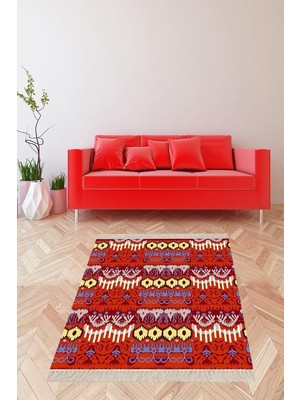 Kazan Hobi Pelangi Kilim Desenli Etnik Dijital Baskı Yıkanabilir Kaymaz Taban Modern Salon Halısı ve Yolluk, Kırmızı 100 x 200