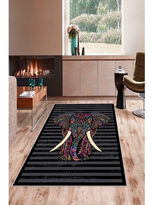 Kazan Hobi Pelangi Siyah Gri Çizgili Fil Desenli Yıkanabilir Kaymaz Taban Leke Tutmaz Modern Salon Halısı ve Yolluk, Siyah 130 x 180, 135830713018005