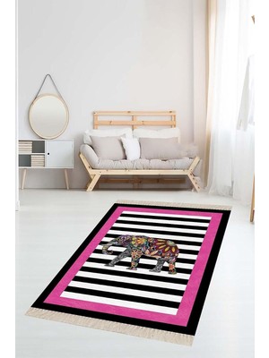 Kazan Hobi Pelangi Fil Desenli Fuşya Etnik Dijital Baskı Yıkanabilir Modern Salon Filli Halı ve Yolluk, Fuşya 120 x 180