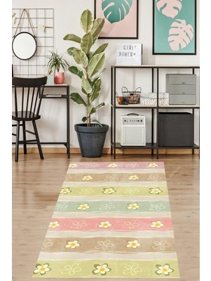 Kazan Hobi Pelangi Pastel Renk Bloklu Papatya Dökümlü Yıkanabilir Kaymaz Taban Leke Tutmaz Salon Halısı Yoluk, Yeşil-Lila-Kahve 80 x 200, 7647011802001