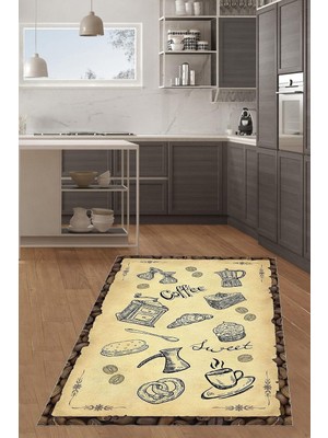Kazan Hobi Pelangi Kitchen Kahve Fincan Coffe Dijital Baskı Yıkanabilir Kaymaz Taban Leke Tutmaz Mutfak Halısı, Sarı 180 x 250