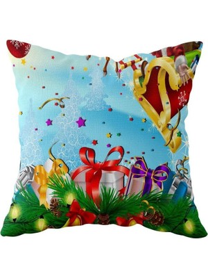 Kazan Hobi Pelangi Noel Baba Yılbaşı Temalı Çift Taraflı Gizli Fermuarlı Yastık Kılıfı Kırlent Koltuk Yastık Kılıfı, Mavi-Kırmızı-Yeşil 43 x 43