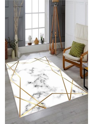 Kazan Hobi Pelangi Beyaz Zemin Gold Çerçeveli Yıkanabilir Kaymaz Taban Leke Tutmaz Modern Salon Halısı ve Yolluk, Beyaz-Gold 100 x 300, 7457116410030005
