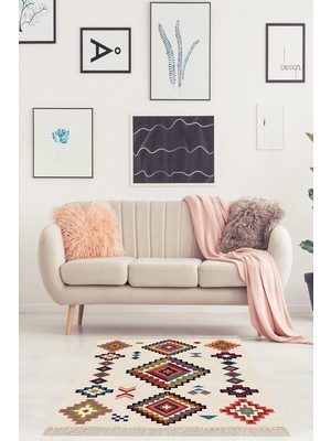 Kazan Hobi Pelangi Kilim Desenli Etnik Dijital Baskı Yıkanabilir Kaymaz Taban Eskitme Salon Halı ve Yolluk, Bej-Kırmızı 180 x 280