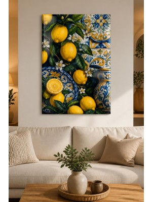 Mythog Limon ve Çini Desenli Baskılı Cam Tablo – Uv Baskı Dekoratif Duvar Tablosu