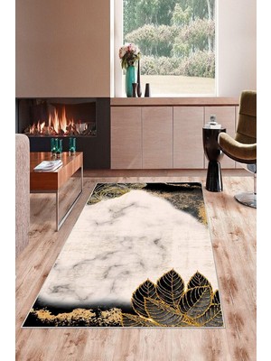 Kazan Hobi Pelangi Siyah Gül ve Yaprak Desenli Yıkanabilir Kaymaz Taban Leke Tutmaz Modern Salon Halısı ve Yolluk, Krem-Siyah 80 x 600