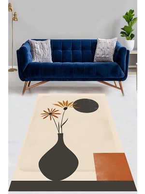 Kazan Hobi Pelangi Bohemian Tarz Vazoda Papatyalı Minimalist Yıkanabilir Kaymaz Taban Leke Tutmaz Salon Halısı Yoluk, Siyah-Turuncu-Beyaz 160 x 250