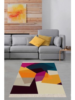 Kazan Hobi Pelangi Geometrik Desenli Renk Bloklu Dijital Baskı Yıkanabilir Kaymaz Taban Modern Salon Halısı, Karışık Renkli 120 x 180