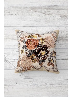 Kazan Hobi Pelangi Vintage Kahve Tonlu Çiçekli Çift Tarafı Baskılı Gizli Fermuar Dekoratif Kırlent Koltuk Yastık Kılıfı, Kahve-Krem 45 x 45, 2469109645451