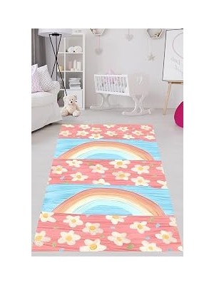 Kazan Hobi Pelangi Renkli Çiçekler ve Gökkuşağı Yıkanabilir Kaymaz Taban Leke Tutmaz Çocuk Odası Halısı, Mavi-Pembe 80 x 200