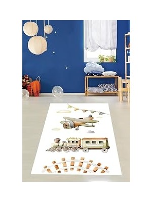 Kazan Hobi Pelangi Uçak ve Tren Desenli Pastel Renkli Yıkanabilir Kaymaz Taban Leke Tutmaz Çocuk Odası Halısı, Beyaz-Yeşil-Kahverengi 100 x 400, 764205610040005