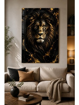 Mythog Aslan Desenli Baskılı Cam Tablo – Siyah Gold Uv Baskı Dekoratif Duvar Tablosu
