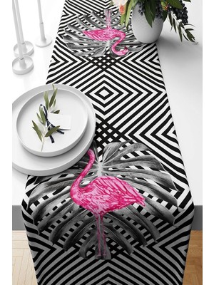 Kazan Hobi Pelangi Flamingo Detaylı Geometrik Desen Leke Tutmaz Kumaş Salon Mutfak Masa Değişik Ranır Modelleri Runner, Siyah-Beyaz-Pembe 40 x 140