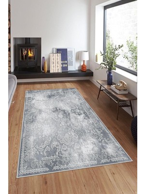 Kazan Hobi Pelangi Gri Zemin Osmanlı Motifler Yıkanabilir Kaymaz Taban Leke Tutmaz Modern Salon Halısı ve Yolluk, Gri-Beyaz 120 x 200, 7457107412020005