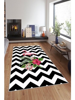Kazan Hobi Pelangi Siyah Beyaz Zigzag Flamingo Desen Yıkanabilir Kaymaz Taban Leke Tutmaz Modern Salon Halı ve Yolluk, Siyah-Beyaz 80 x 50
