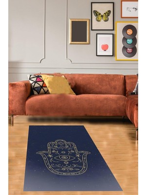 Kazan Hobi Pelangi Minimalist Fatma Ana Eli Desenli Yıkanabilir Kaymaz Taban Leke Tutmaz Salon Halısı, Lacivert-Sarı 160 x 240, 764705616024005