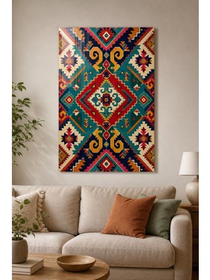 Mythog Etnik Kilim Desenli Baskılı Cam Tablo – Renkli Geometrik Dekoratif Duvar Tablosu