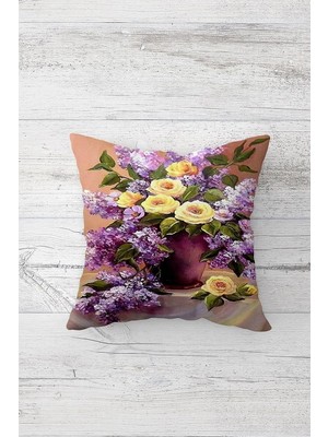 Kazan Hobi Pelangi Vazoda Sümbül Güllü Çift Tarafı Baskılı Gizli Fermuarlı Yastık Kılıfı Kırlent Koltuk Yastık Kılıfı, Sarı-Lila 45 x 45, 24691102445451