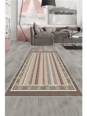 Kazan Hobi Pelangi Vizon Kilim Desenli Yıkanabilir Kaymaz Taban Leke Tutmaz Modern Salon Halısı ve Yolluk, Kahverengi-Bordo 60 x 120, 13580896012005