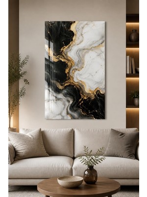 Mythog Siyah Beyaz Mermer Desenli Baskılı Cam Tablo – Gold Detaylı Modern Duvar Dekoru