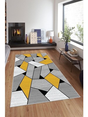 Kazan Hobi Pelangi Geometrik Puzzle Desenli Yıkanabilir Kaymaz Taban Leke Tutmaz Modern Salon Halısı ve Yolluk, Turuncu-Gri 100 x 500