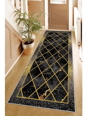 Kazan Hobi Pelangi Balpeteği Geometrik Gold Desenli Etnik Dijital Baskı Yıkanabilir Kaymaz Taban Salon Halı ve Yollu, Siyah-Altın Sarısı 80 x 300, 955565411803007