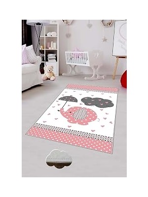 Kazan Hobi Pelangi Beyaz Fil Desenli Yıkanabilir Kaymaz Taban Leke Tutmazbebek ve Çocuk Odası Halısı, Beyaz-Pembe 60 x 200