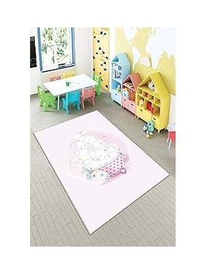 Kazan Hobi Pelangi Pudra Tavşan Desenli Yıkanabilir Kaymaz Taban Leke Tutmaz Bebek ve Çocuk Odası Halısı, Pudra 80 x 500, 90135707780500