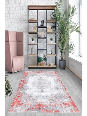 Kazan Hobi Pelangi Kırmızı Göbekli Eskitme Desen Yıkanabilir Kaymaz Taban Leke Tutmaz Modern Salon Halısı ve Yolluk, Kırmızı-Gri 40 x 40, 745710444040728