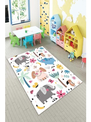 Kazan Hobi Pelangi Beyaz Sevimli Hayvanlar Desenli Yıkanabilir Kaymaz Taban Leke Tutmazbebek ve Çocuk Odası Halısı, Beyaz-Gri 120 x 160, 901357047120160