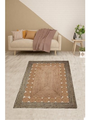 Kazan Hobi Pelangi Jüt Hasır Kilim Görünümlü Dijital Baskılı Kaymaz Taban Yıkanabilir Halı, Kahverengi 40 x 40