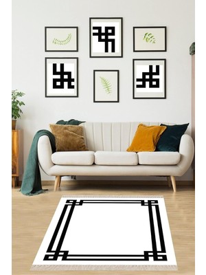 Kazan Hobi Pelangi Geometrik Desenli Dijital Baskı Yıkanabilir Kaymaz Taban Düz Model Salon Halısı ve Yolluk, Siyah-Beyaz 100 x 500, 4254126510050005