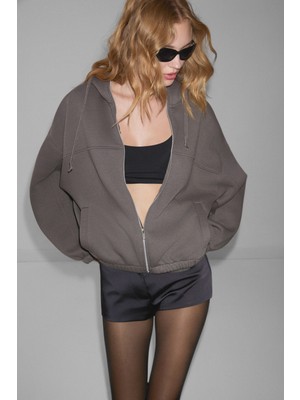 Ethiquet Valıt Kadın Çift Cepli Eteği ve Kol Ucu Lastikli Fermuarlı Oversize Gri Sweatshirt