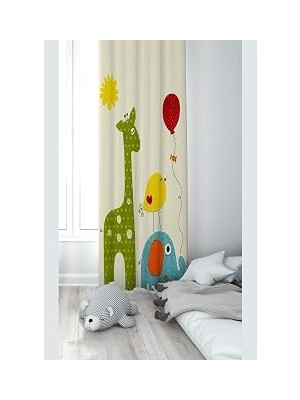 Kazan Hobi Pelangi Krem Sevimli Hayvan Desenli Dijital Baskı Yıkanabilir Bebek Çocuk Odası Fon Perdesi, Krem 140 x 270
