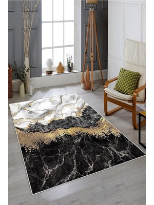 Kazan Hobi Pelangi Siyah Gold Çizgili Mermer Desenli Yıkanabilir Kaymaz Taban Leke Tutmaz Modern Salon Halısı ve Yolluk, Siyah-Gold 80 x 600, 7457116880600728