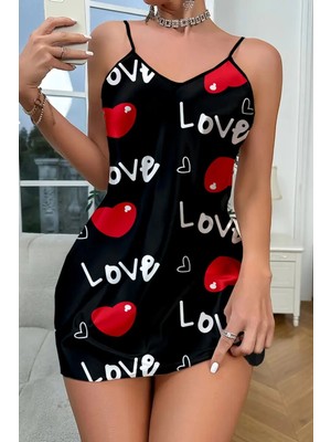 Renas Store Love Desenli Siyah Saten Gecelik