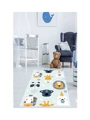 Kazan Hobi Pelangi Zebra Zürafa Aslan Ayı Desenli Dijital Baskı Yıkanabilir Kaymaz Taban Leke Tutmaz Çocuk Odası Halısı, Koyu-Açık Mavi 160 x 300
