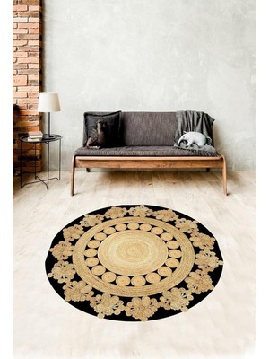 Kazan Hobi Pelangi Jüt Hasır Kilim Görünümlü Dijital Baskılı Kaymaz Taban Yıkanabilir Modern Salon Halısı ve Yolluk, Siyah 160 x 160, 999316016005
