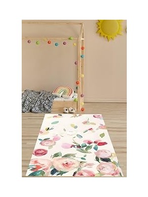 Kazan Hobi Pelangi Floral Suluboya Çiçekli Minimal Bohem Tarz Yıkanabilir Kaymaz Taban Leke Tutmaz Çocuk Odası Halısık, Uçuk Pembe 60 x 200