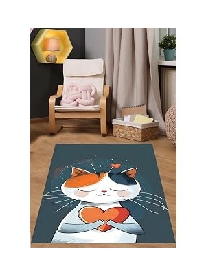 Kazan Hobi Pelangi Love Temalı Sevimli Kedicik Yıkanabilir Kaymaz Taban Leke Tutmaz Çocuk Odası Halısı, Lacivert-Turuncu 120 x 160