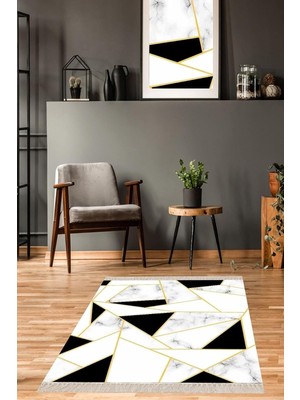 Kazan Hobi Pelangi Geometrik Desenli Dijital Baskı Yıkanabilir Kaymaz Taban Etnik Kilim Desen Salon Halı, Beyaz-Siyah 130 x 180